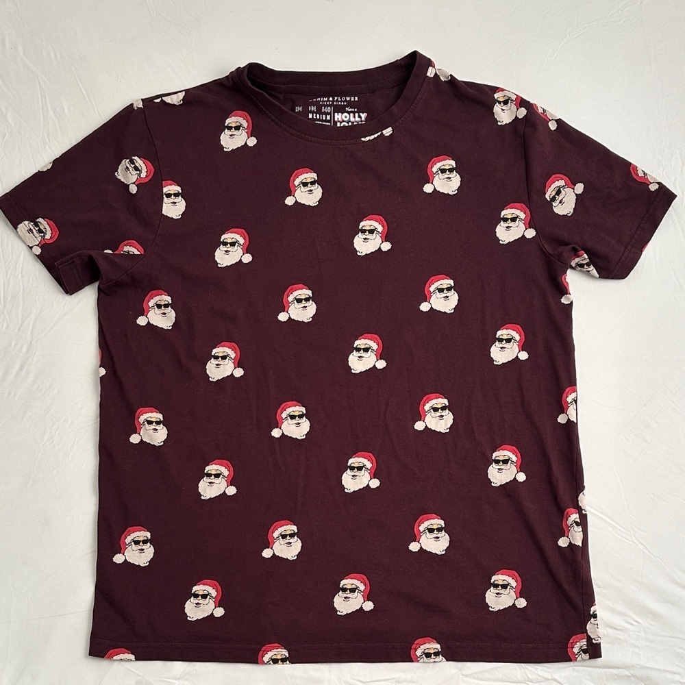 Denim & Flower Santa print maroon red white black holiday short sleeve t-shirt